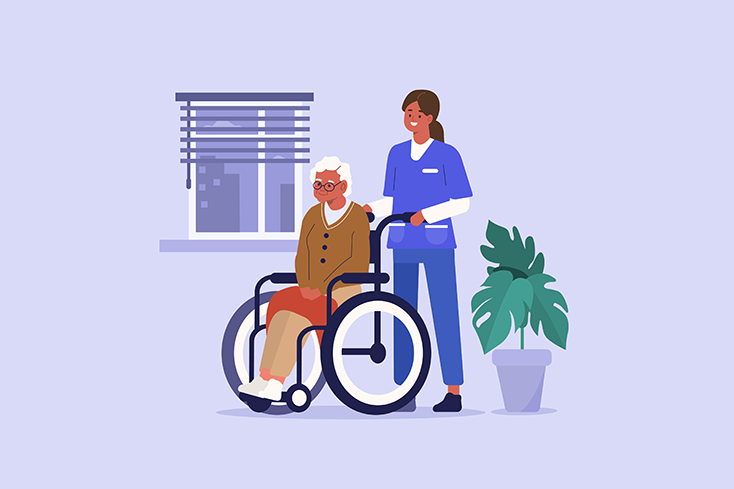 Nurse pushing elderly woman in wheelchair