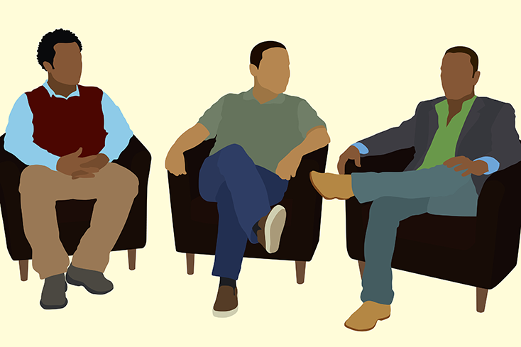 Illustration of group of Black men sitting in chairs