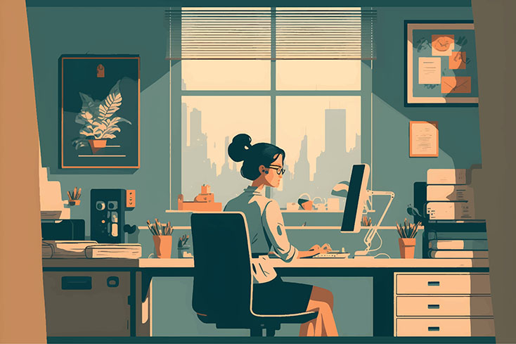 Illustration of woman working at computer desk