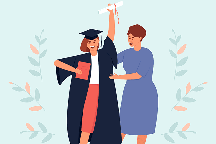 Woman celebrating graduating college with mother